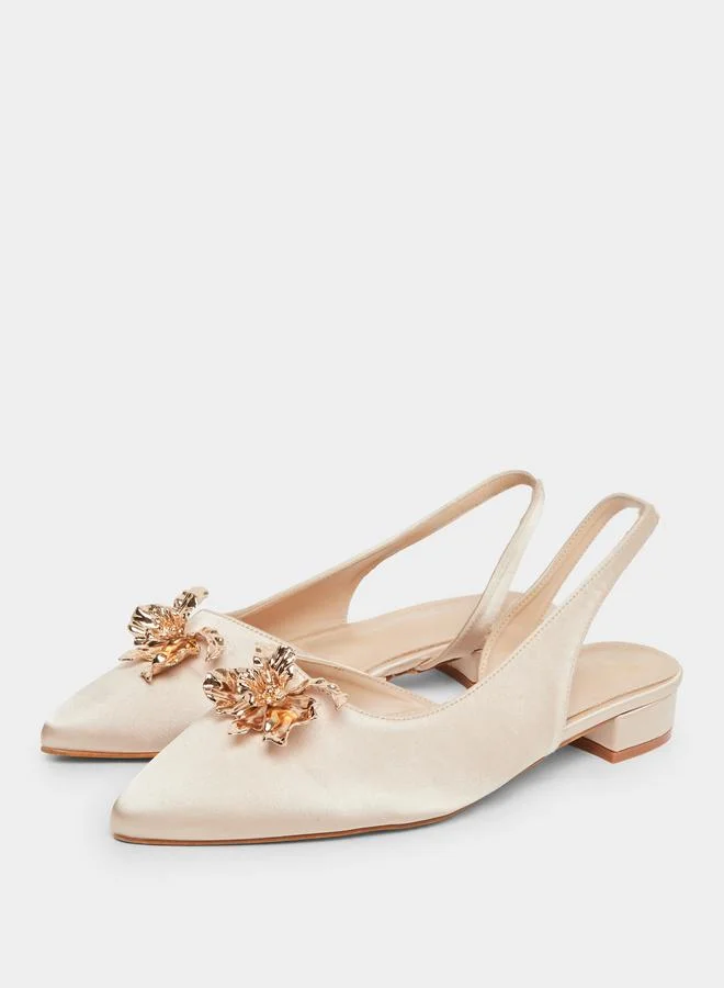 Styli Women Beige Satin Slingback Shoes with Floral Detail